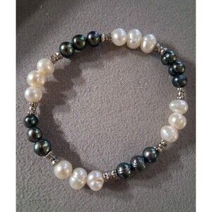 Ying Yang black & white freshwater baroque pearl stretch bracelet & silver beads
